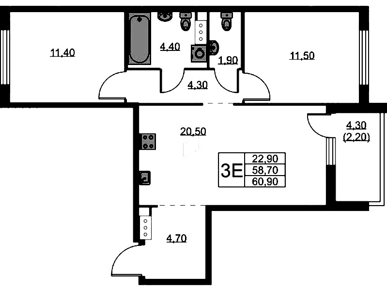 2-комнатная квартира 60.9 м², 3/11 эт., ЖК «А101 Лаголово»